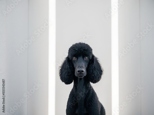 A tight shot of a black Poodle gazing into the camera with a grave expression. photo