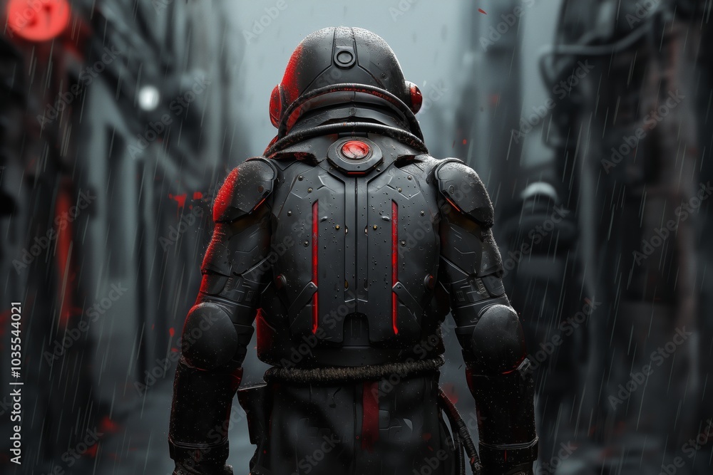 A futuristic male figure in a detailed suit stands in a rain-soaked urban alley. A futuristic male figure in a detailed suit stands in a rain-soaked urban alley.