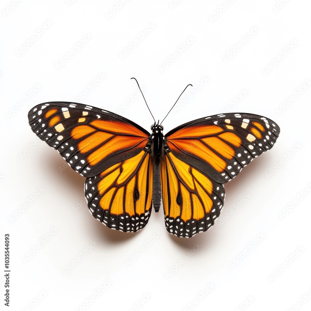 Fototapeta premium Monarch butterfly with vibrant orange wings on a white background colorful insect close-up