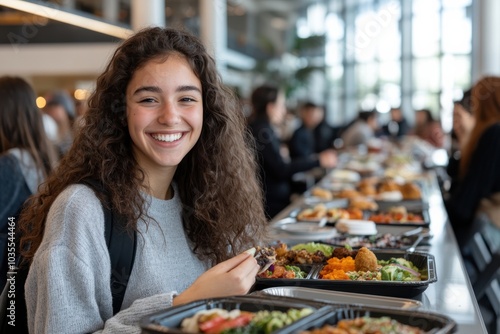 Young woman with curly hair enjoying a nutritious meal in a sunlit cafeteria, surrounded by fellow diners, creating a lively and cheerful atmosphere.
