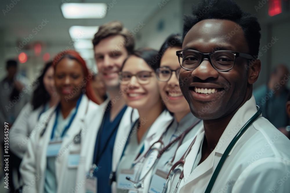 Group portrait of diverse doctors in bustling New York hospital Group portrait of diverse doctors in bustling New York hospital