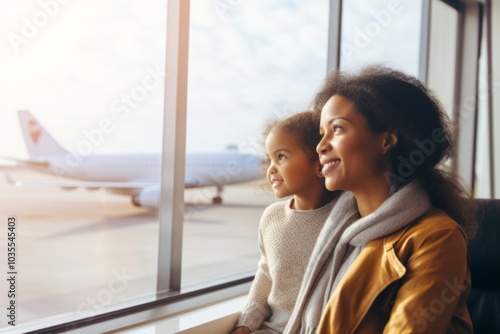 Joyful young African American mother embracing her daughter at airport