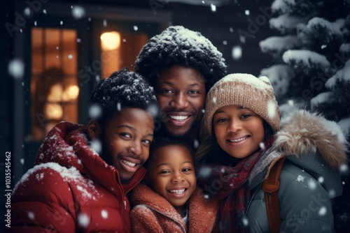 Portrait of a African American family smiling in front of house during snowfall