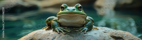 Vibrant green frog perched on a rock by the water, surrounded by a natural habitat, conveying tranquility and wildlife beauty. photo