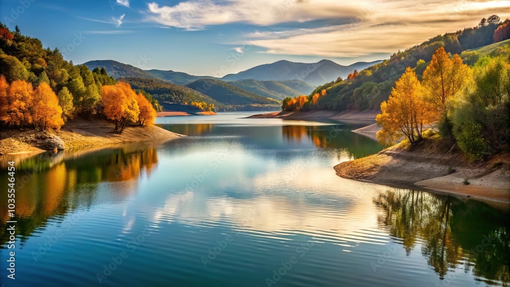 Autumn landscape at Ulldecona Reservoir, with silhouette of trees reflected in the water Autumn landscape at Ulldecona Reservoir, with silhouette of trees reflected in the water