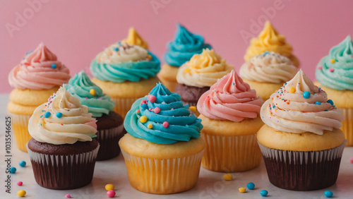 Colorful cupcakes with frosting and sprinkles photo