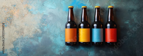 Four craft beer bottles with colorful labels on a textured background, ideal for beverage branding and product presentation visuals.