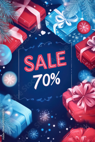 Christmas sale background: festive presents and decorations in a cozy shop setting. 70% sale photo