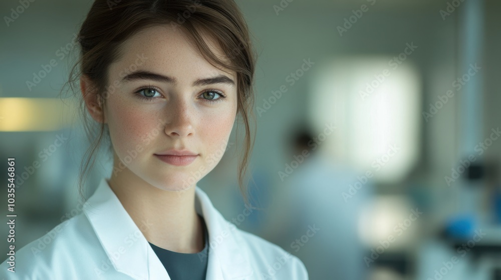 Fototapeta premium Close-up portrait of a young woman scientist wearing a white coat, her expression focused and determined. 