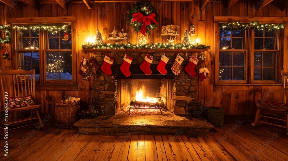 A beautifully decorated fireplace in a cabin with glowing lights and festive stockings hanging neatly. A beautifully decorated fireplace in a cabin with glowing lights and festive stockings hanging neatly.