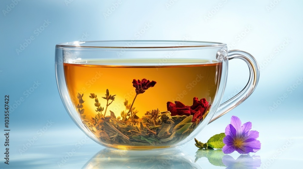 Assorted herbal tea in big glass cup, plain pastel background, Assorted herbal tea in big glass cup, plain pastel background,