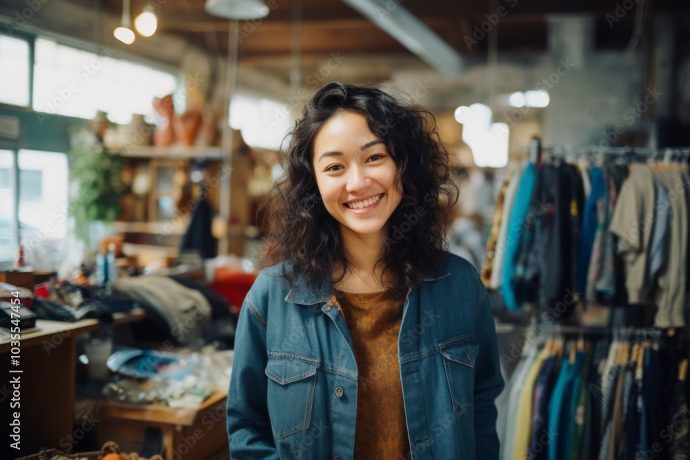 Portrait of a smiling Asian woman owner of second hand shop Portrait of a smiling Asian woman owner of second hand shop