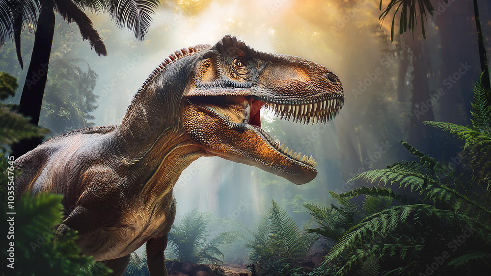 Obraz premium T-Rex Stalking Through a Prehistoric Tropical Forest