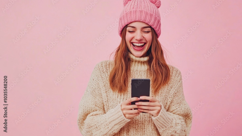 Waist portrait of a woman in cozy outfit, holding a phone with a joyful expression, light pink colored background Waist portrait of a woman in cozy outfit, holding a phone with a joyful expression, light pink colored background