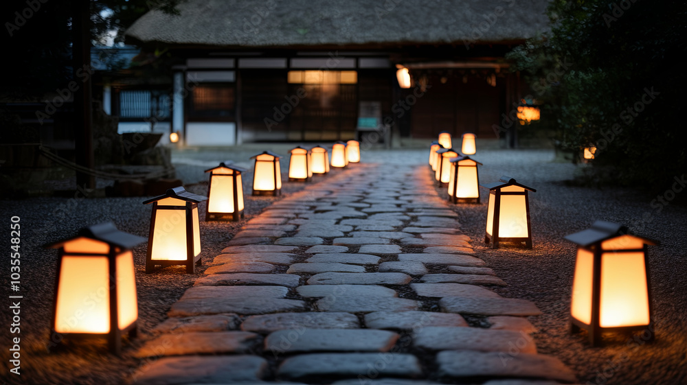 serene cobblestone path illuminated by soft lantern light creates tranquil atmosphere, inviting peaceful strolls in traditional setting serene cobblestone path illuminated by soft lantern light creates tranquil atmosphere, inviting peaceful strolls in traditional setting