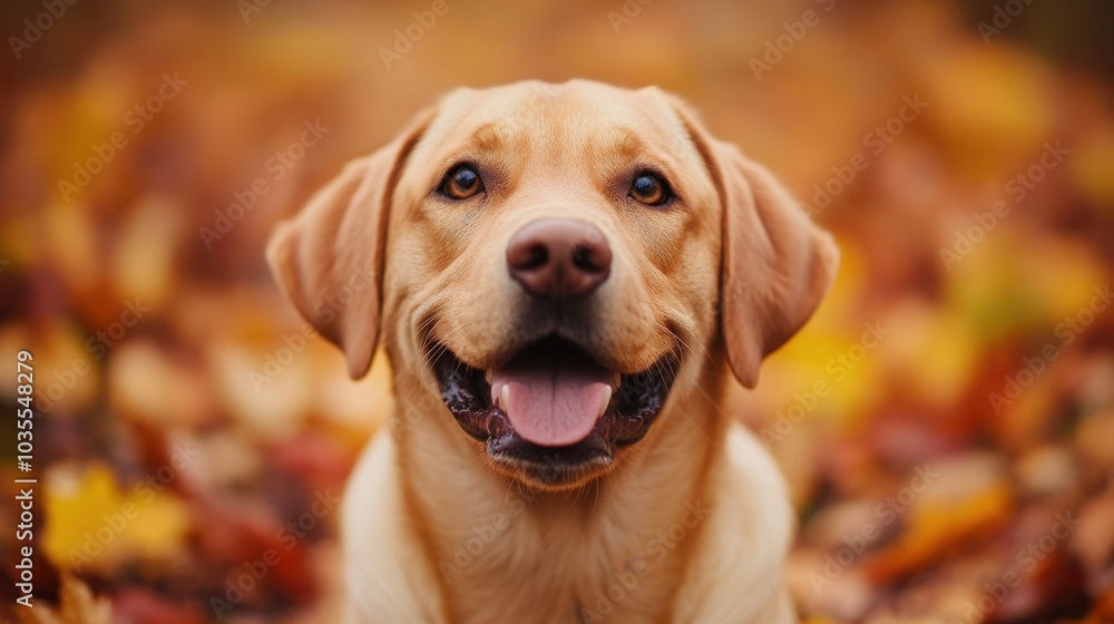 Close-up portrait of a happy young Labrador resting in colorful autumn leaves, set against a gently blurred backdrop. Close-up portrait of a happy young Labrador resting in colorful autumn leaves, set against a gently blurred backdrop.