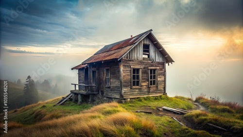 A weathered wooden cabin perched precariously on a grassy hillside, shrouded in morning mist, basking in the golden glow of a rising sun.