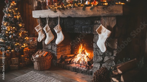 A festive fireplace in a rustic cabin, adorned with pine cones, stockings, and shimmering ornaments.