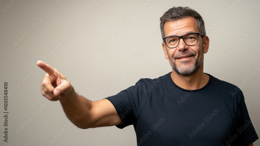Middle-aged man with a calm expression, pointing towards the side as if making a suggestion, against a neutral background Middle-aged man with a calm expression, pointing towards the side as if making a suggestion, against a neutral background