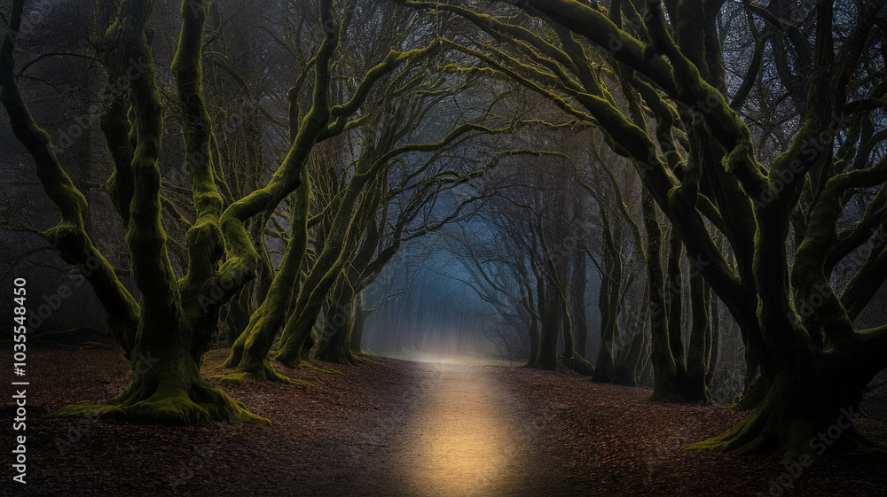 Fototapeta premium dark, mysterious forest with twisted trees and glowing path creates enchanting atmosphere. interplay of shadows and light evokes sense of wonder and intrigue