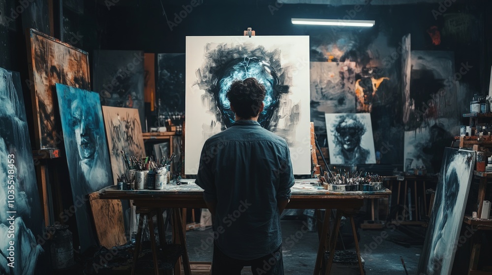 Cyborg Artist in Studio, exploring the impact of AI on creativity, showcasing a futuristic art studio where artificial intelligence collaborates with or replaces human artists. Cyborg Artist in Studio, exploring the impact of AI on creativity, showcasing a futuristic art studio where artificial intelligence collaborates with or replaces human artists.