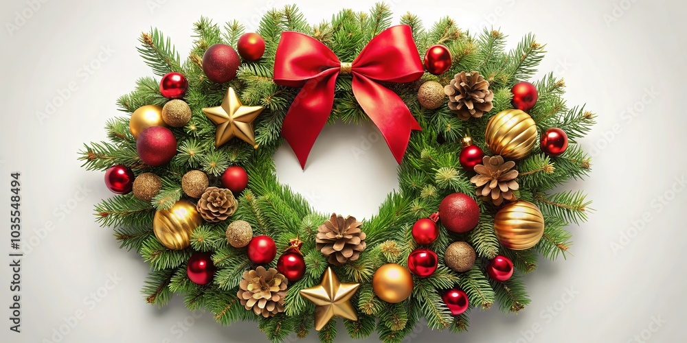 A festive Christmas wreath adorned with pine branches, red and gold ornaments, and a prominent red bow. A festive Christmas wreath adorned with pine branches, red and gold ornaments, and a prominent red bow.