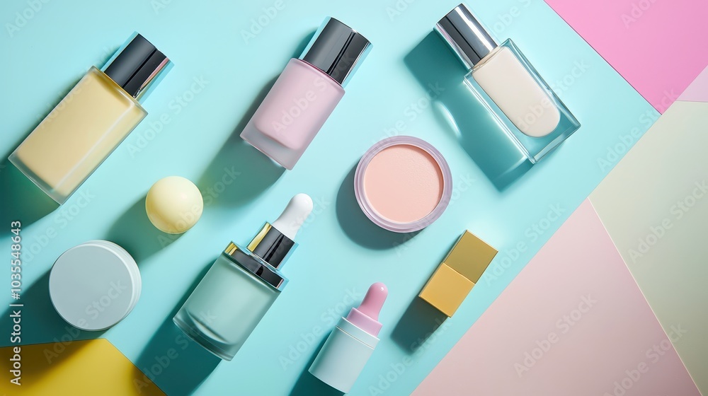 Aesthetic top view of assorted skincare and beauty products on colorful pastel background. Minimalistic design for cosmetic promotion. Aesthetic top view of assorted skincare and beauty products on colorful pastel background. Minimalistic design for cosmetic promotion.