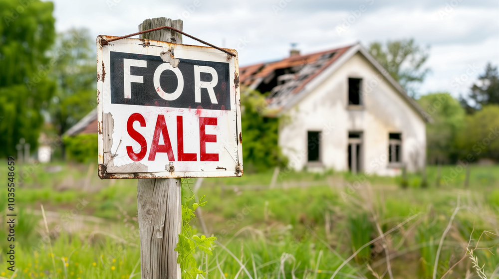 For Sale Sign in Front of Abandoned House in Overgrown Field For Sale Sign in Front of Abandoned House in Overgrown Field