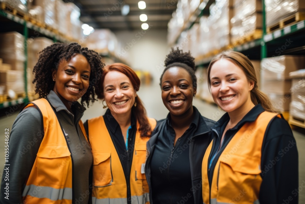 Smiling portrait of a diverse group of female warehouse workers Smiling portrait of a diverse group of female warehouse workers