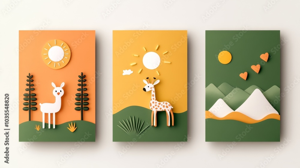 Three playful invitations with cartoon animals, colorful illustrations, and fun layouts, very realistic Three playful invitations with cartoon animals, colorful illustrations, and fun layouts, very realistic