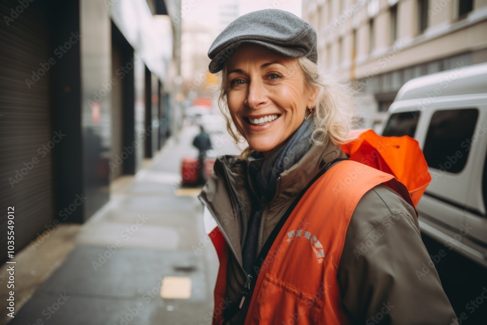 Portrait of a smiling middle aged female delivery worker Portrait of a smiling middle aged female delivery worker