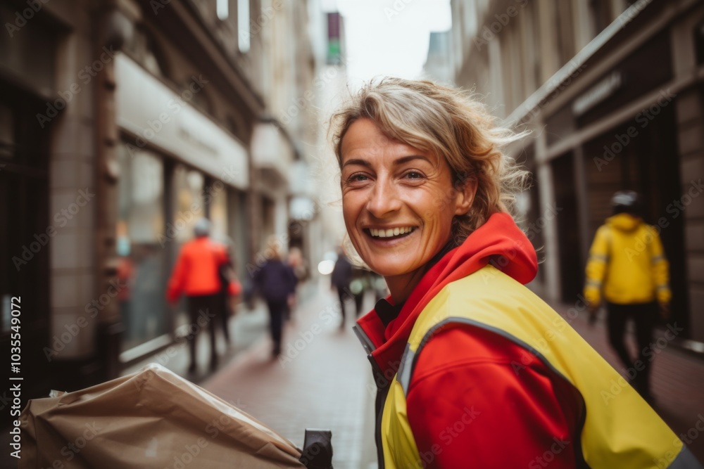 Portrait of a smiling middle aged female delivery worker Portrait of a smiling middle aged female delivery worker