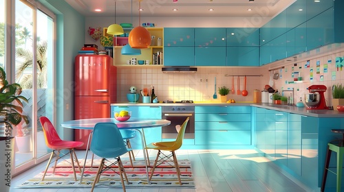 Vibrant luxury kitchen with elegant dining space