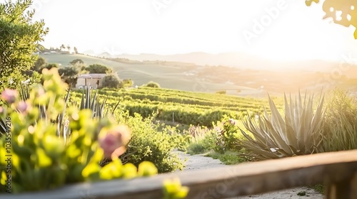 at Sunset: A breathtaking shot of rows upon rows of agave plants stretching across a sun-kissed landscape. The warm hues of the setting sun create a serene ambiance.  photo