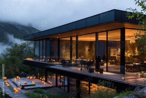 A modern glass house surrounded by pumpkins in a misty mountain setting, with warm lights glowing from the interior, creating a serene evening ambiance. photo