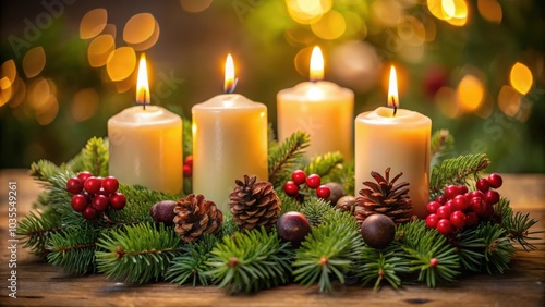 A Festive Advent Wreath with Four Burning Candles Surrounded by Pine Branches, Pinecones, and Berries.