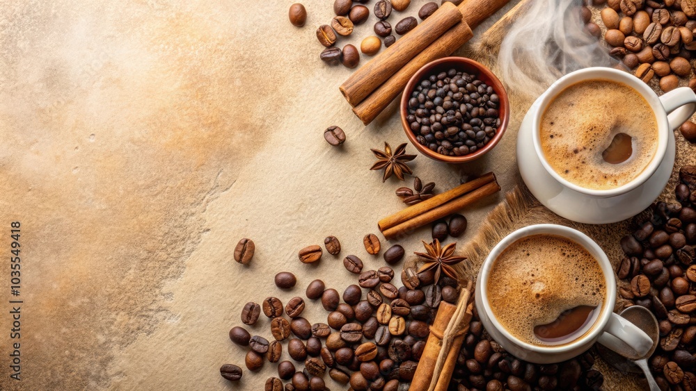 Aromatic coffee beverage in a white mug with coffee beans, cinnamon sticks, and star anise on a brown background. Aromatic coffee beverage in a white mug with coffee beans, cinnamon sticks, and star anise on a brown background.
