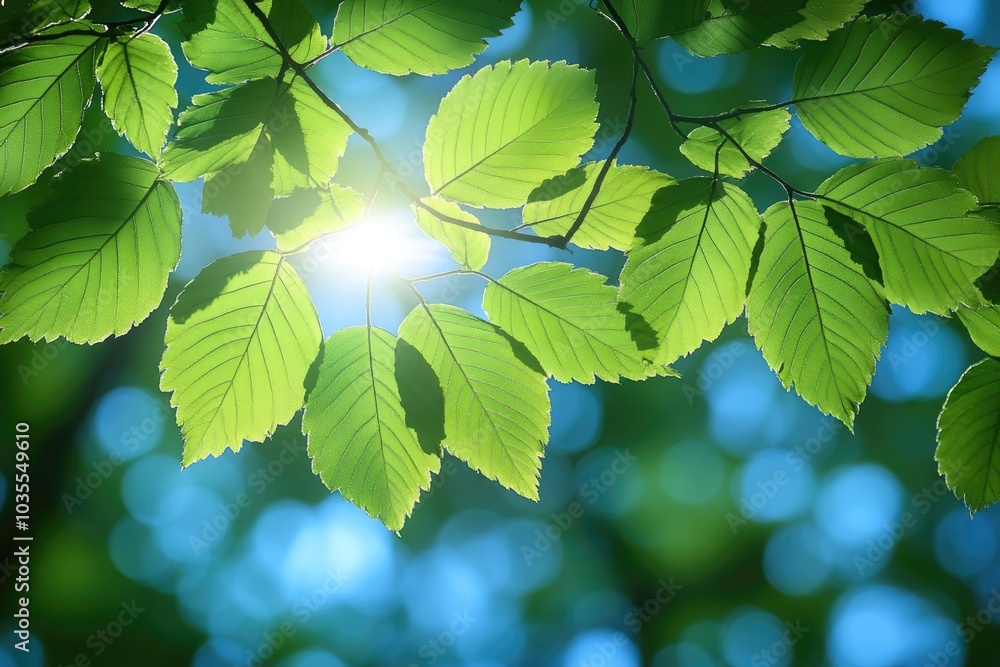 Sunlit Green Leaves Against a Blurred Blue Sky Sunlit Green Leaves Against a Blurred Blue Sky