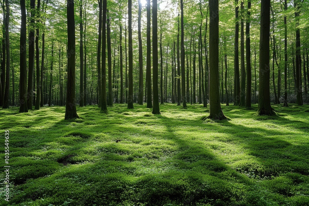 Obraz premium Sunlit Forest Floor with Lush Green Undergrowth and Tall Trees