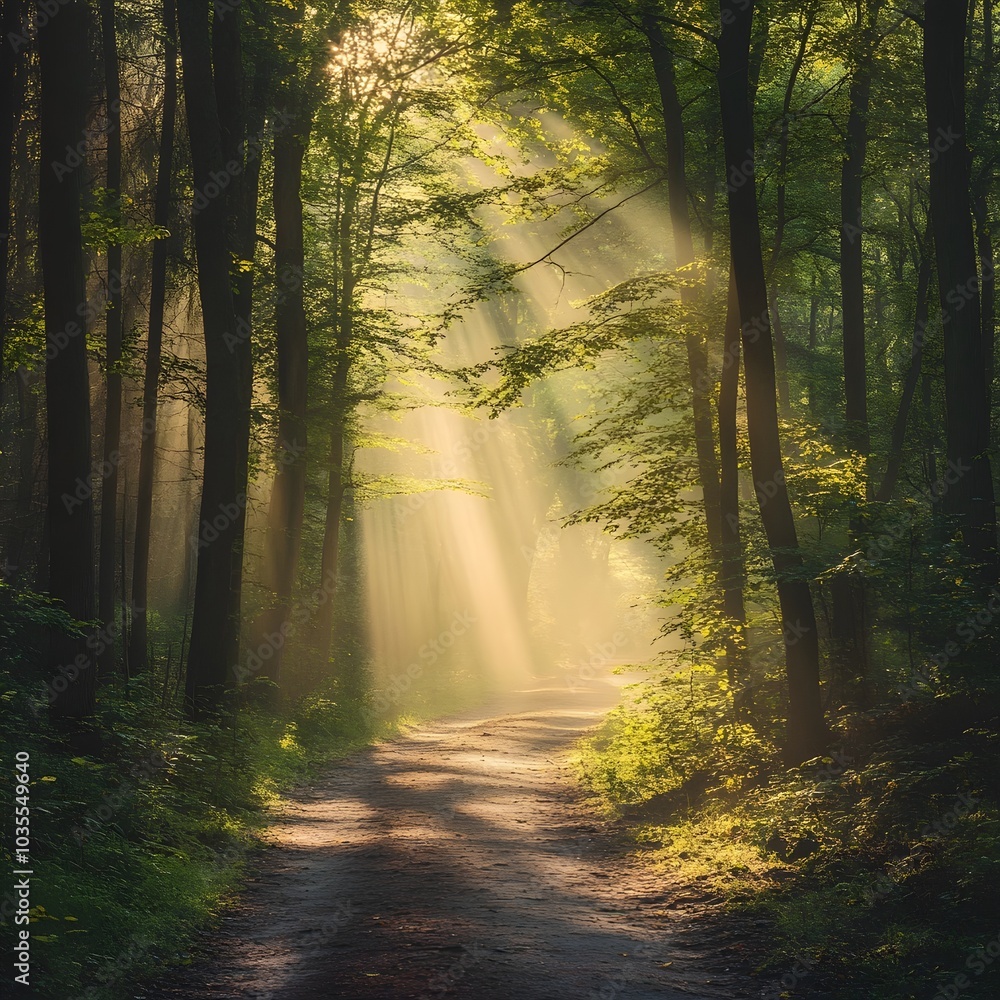 Fototapeta premium Misty Forest Path with Sunbeams Filtering Through Lush Foliage