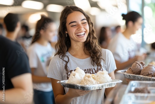 This smiling woman in a casual setting is holding two trays loaded with creamy ice cream scoops, radiating positivity in a social environment. photo