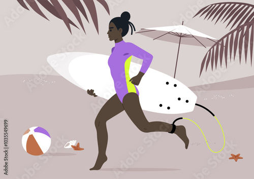 A female surfer, dressed in a colorful hydrocostume, sprints toward the ocean, board in hand, surrounded by a beach ball and the inviting atmosphere of a sunny shoreline