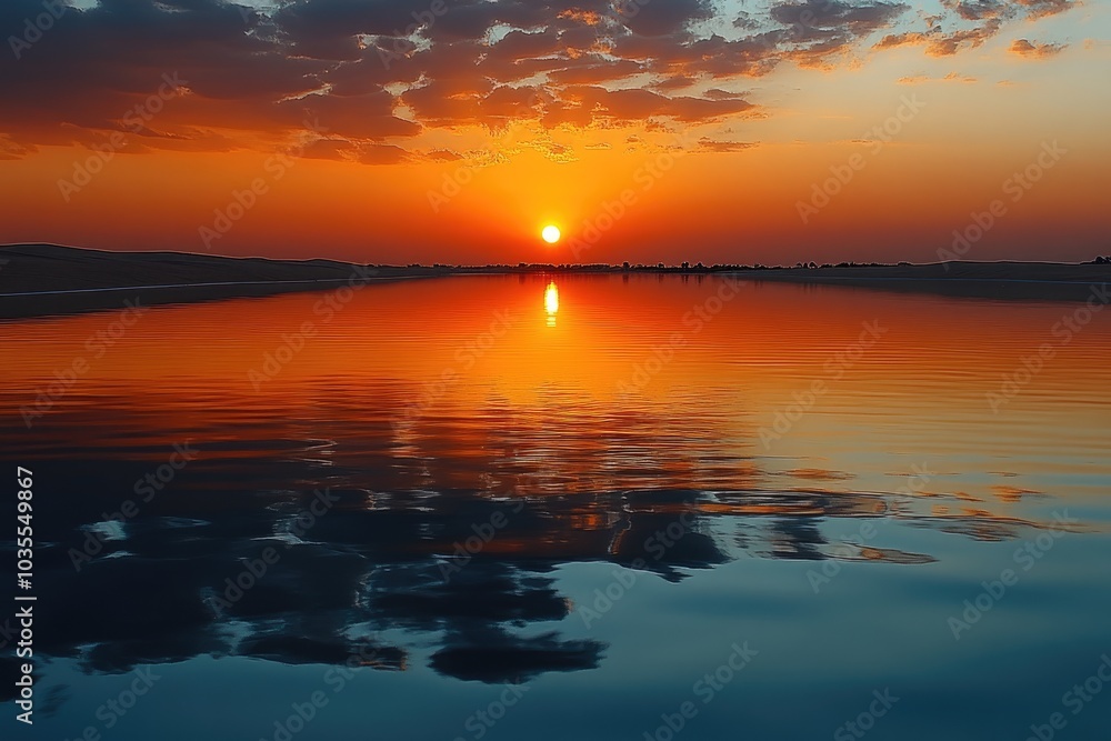 Sunset Reflection in Still Water with Cloudy Sky Sunset Reflection in Still Water with Cloudy Sky