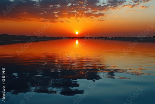 Sunset Reflection in Still Water with Cloudy Sky