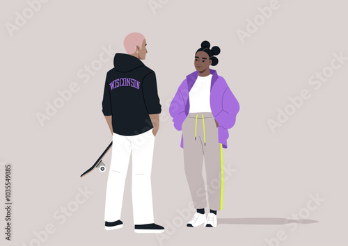 Two stylish youth engaging in a lively flirty conversation on a light background, showcasing their vibrant streetwear and skateboard in an urban environment