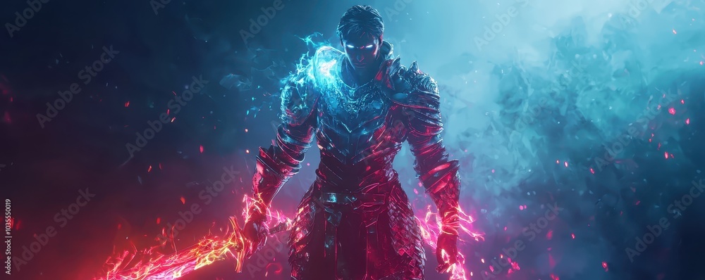 Epic fantasy warrior with a glowing sword in a mystical atmosphere, showcasing vibrant lighting and intricate armor design. Epic fantasy warrior with a glowing sword in a mystical atmosphere, showcasing vibrant lighting and intricate armor design.