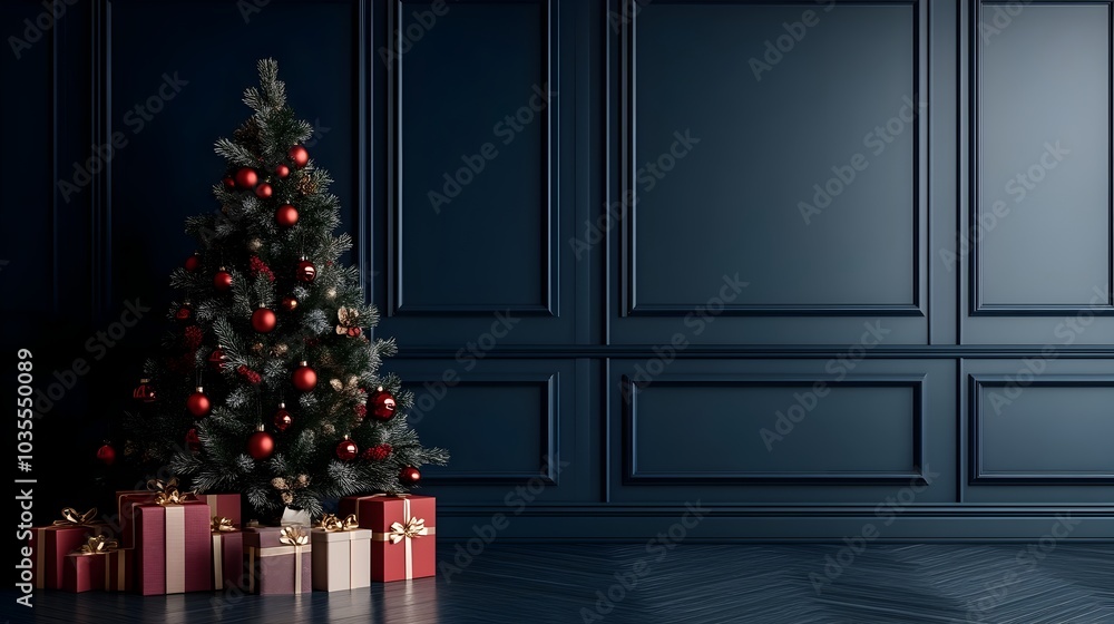 Elegant Christmas Tree and Gifts Over Abstract Navy Blue Geometric Wall Elegant Christmas Tree and Gifts Over Abstract Navy Blue Geometric Wall