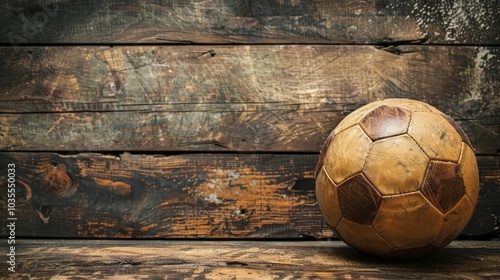 Vintage style photo of an old leather soccer ball on a rustic wooden background