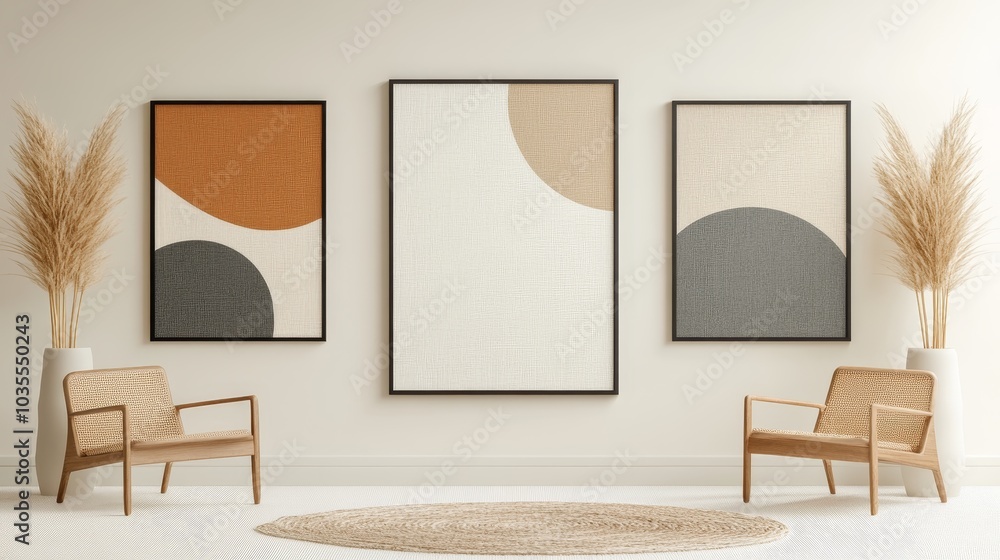 Fototapeta premium Abstract minimalist planets and moons art set of three frames: Simple, abstract shapes representing planets and moons, in shades of soft gray, black, and white, set against a minimalist background,