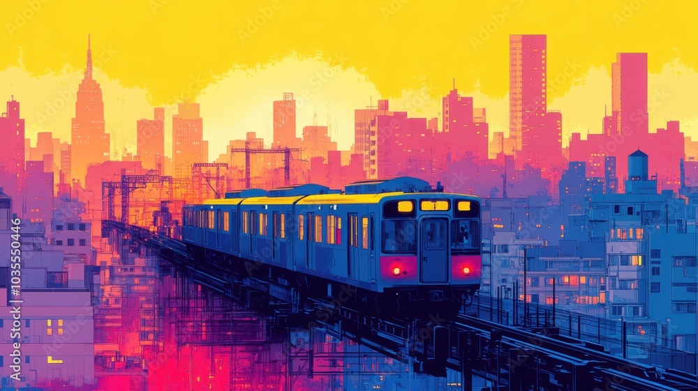 A vibrant train speeds through a colorful cityscape at sunset, blending bright yellows and blues in a minimalistic design, showcasing urban life in motion A vibrant train speeds through a colorful cityscape at sunset, blending bright yellows and blues in a minimalistic design, showcasing urban life in motion